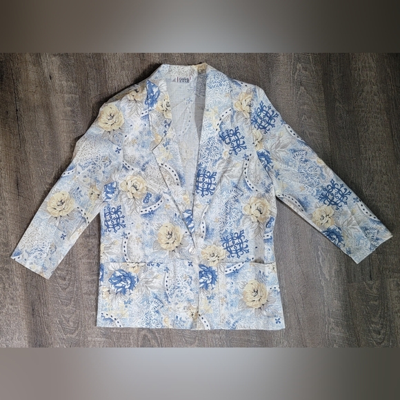 Vintage 80's Oversized Blazer Women's 12 Cream Blue & Yellow Floral Lightweight - Picture 5 of 12